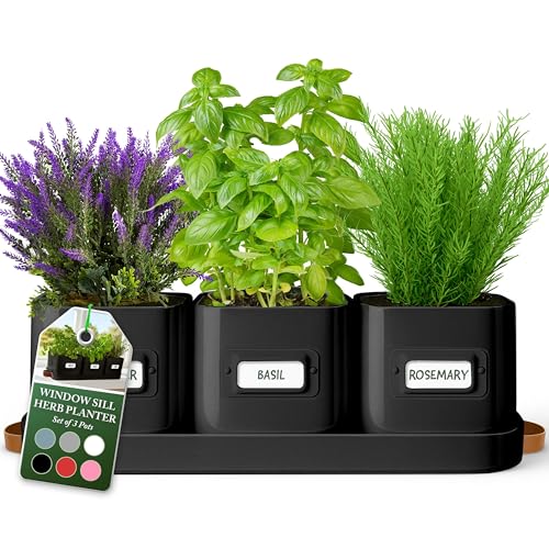 volila Herb Planter Indoor - Set of 3 Black Indoor Herb Garden Pots for Plants with Leather Handled Tray - Window Sill Plant Shelf - Herb Pots with Drainage Holes and Labels