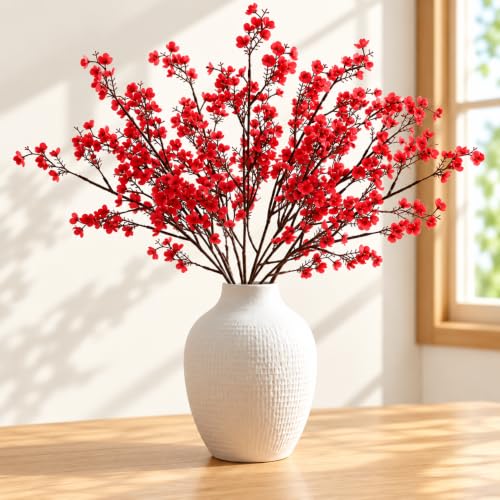 Image of CURATED CART Artificial Flowers Bunch, Baby's Breath Gypsohila Flowers, 2 Bunch for Vase Pot, Home Decoration, Living Room, Wedding, Fake Flowers, Color, (Vase Not Included) (Red)