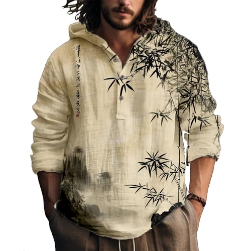 Hooded Sweatshirt Men Japanese Artsy Graphic Button Up Cool Light Weight Slim Fit Hoodies Long Sleeve Shirts