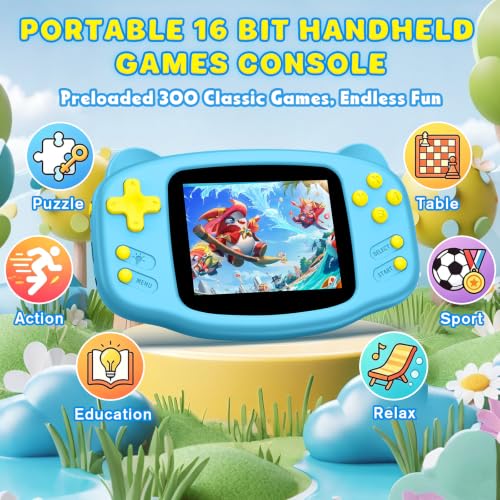Image of Portable 16 Bit Handheld Game Console for Kids, Retro Gaming Console with 300 Classic Video Games, Handheld Plug & Play Player with 3.2'' IPS Screen, Rechargeable Travel Gift for Boys & Girls (Blue)