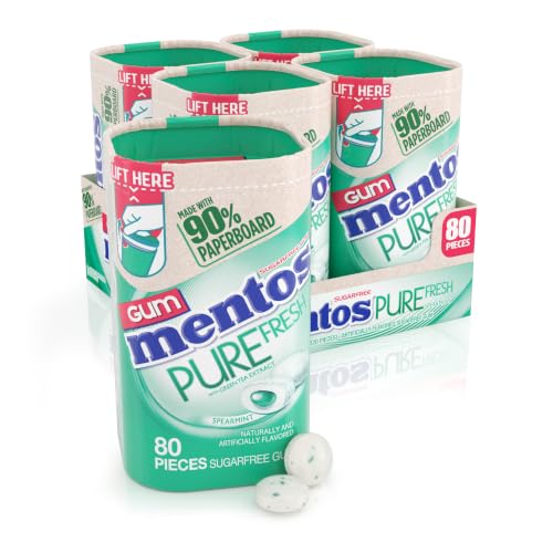 Image of Mentos Sugar Free Gum with Xylitol, Spearmint, 80 Piece Bottle (4 Pack) | Chewing Gum, Perfect for Long Lasting Fresh Breath at School, Work & Travel