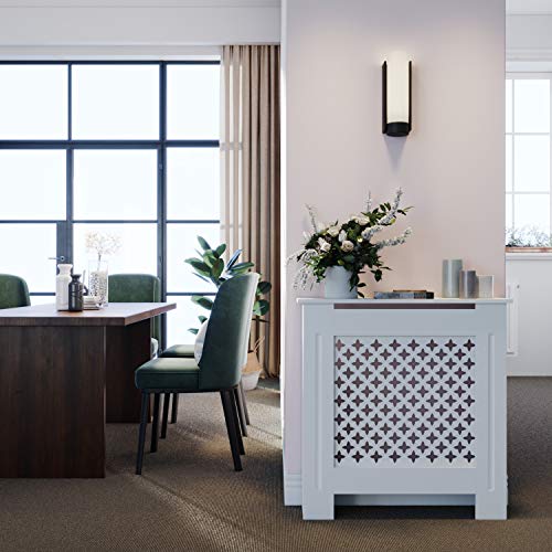 SONNI Cubierta de Radiador Blanco Moderno,Madera,Listones de rombo,Cubre de Calefacción Pequeño 78x19x81.5cm