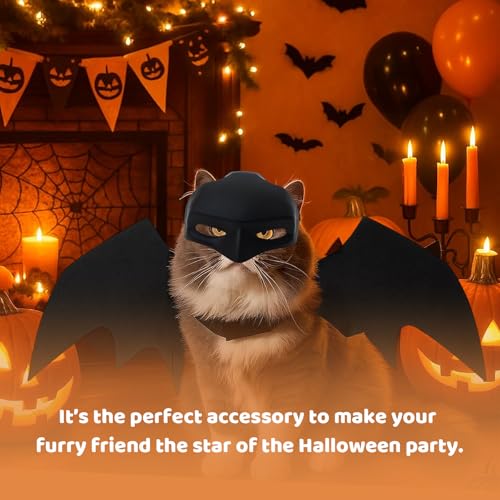 Fledermaus Kostüm für Katzen & Hunde mit Maske – Halloween Haustier Kostüm Set, Fledermausflügel & 3D Katzenmaske, Schwarz, Verkleidung für Cosplay & Party