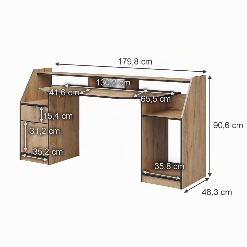 Vicco Gaming-Tisch Joel, Goldkraft Eiche, 179.8 x 65.5 cm | mit 1 Schublade und 1 Tür, mit Ablageflächen für Zubehör und erhöhtem Monitoraufsatz