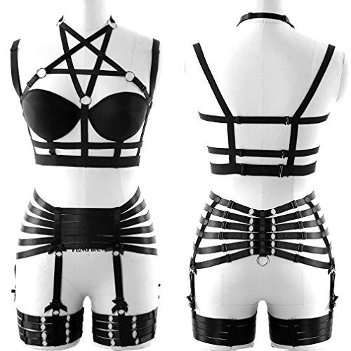 Body Harness Full For Women Garter Belts Set Strappy Lingerie Punk Gothic Elastic Adjust Bodysuit Party Dancing Action Art Wear (Black 208+126) #TOP2