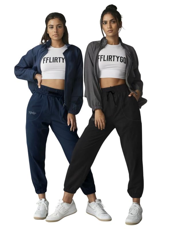 Image of Fflirtygo Cotton Solid Joggers /Track Pant /Solid Pajama /Leggings �100% Export Quality Soft Cotton Night Wear /Pocket Pyjama for Women Combo Pack of 2Pcs, Blue and Grey