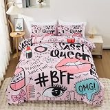 Aimuan Pink Comforter Set Cartoon Love Hearts Flowers and Grass Bedding Set for Girls Boys Kids Lightweight Soft 6 Piece with 2 Pillow Covers (Light Pink, Twin 3Pcs)
