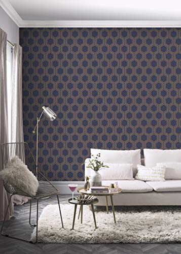Arthouse 906604 Navy Gold Metallic Textures Luxe Hexagon Wallpaper 906604-Geo, Full Roll #TOP2