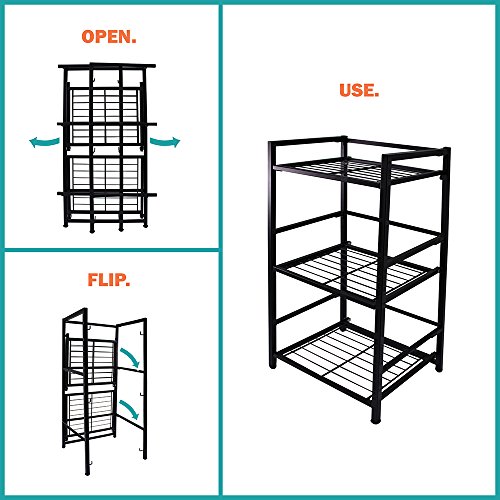 Flipshelf-Folding Metal Bookcase-Small Space Solution-No Assembly-Home, Kitchen, Bathroom And Office Shelving-Black, 3 Shelves, Narrow #TOP3