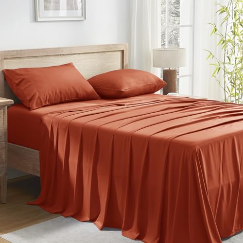 Image of Andency Orange King Sheets Set 100% Viscose Derived from Bamboo | Cooling Summer Sheets, Deep Pocket Up to 16 inch, Silky Soft Hotel Luxury Breathable Bedding Sheets & Pillowcases