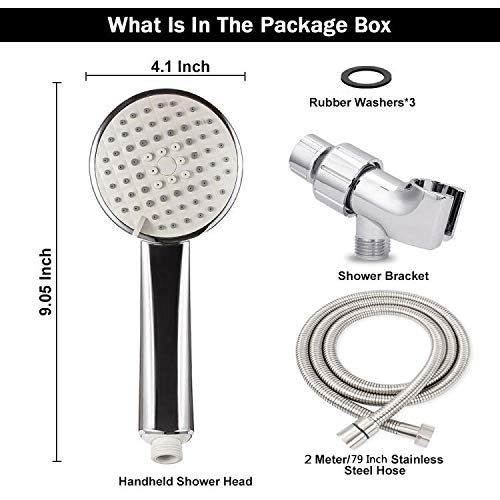 5-Setting High Pressure Handheld Shower Head, Nearmoon Multi-Functions Powerful Spray Hand Held Showerhead With Adjustable Angle Bracket, Chrome (With 79 Inches Stainless Steel Hose) #TOP5