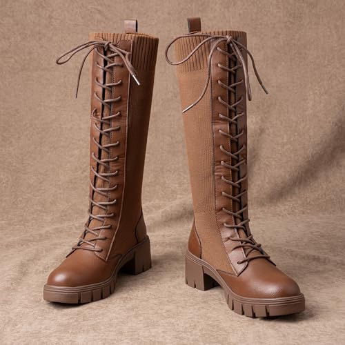 Image of Vepose Women's 953 Knee High Combat Boots Chunky Platform Heel, Lace Up Gothic Punk Work Boots for Dresses and Jeans