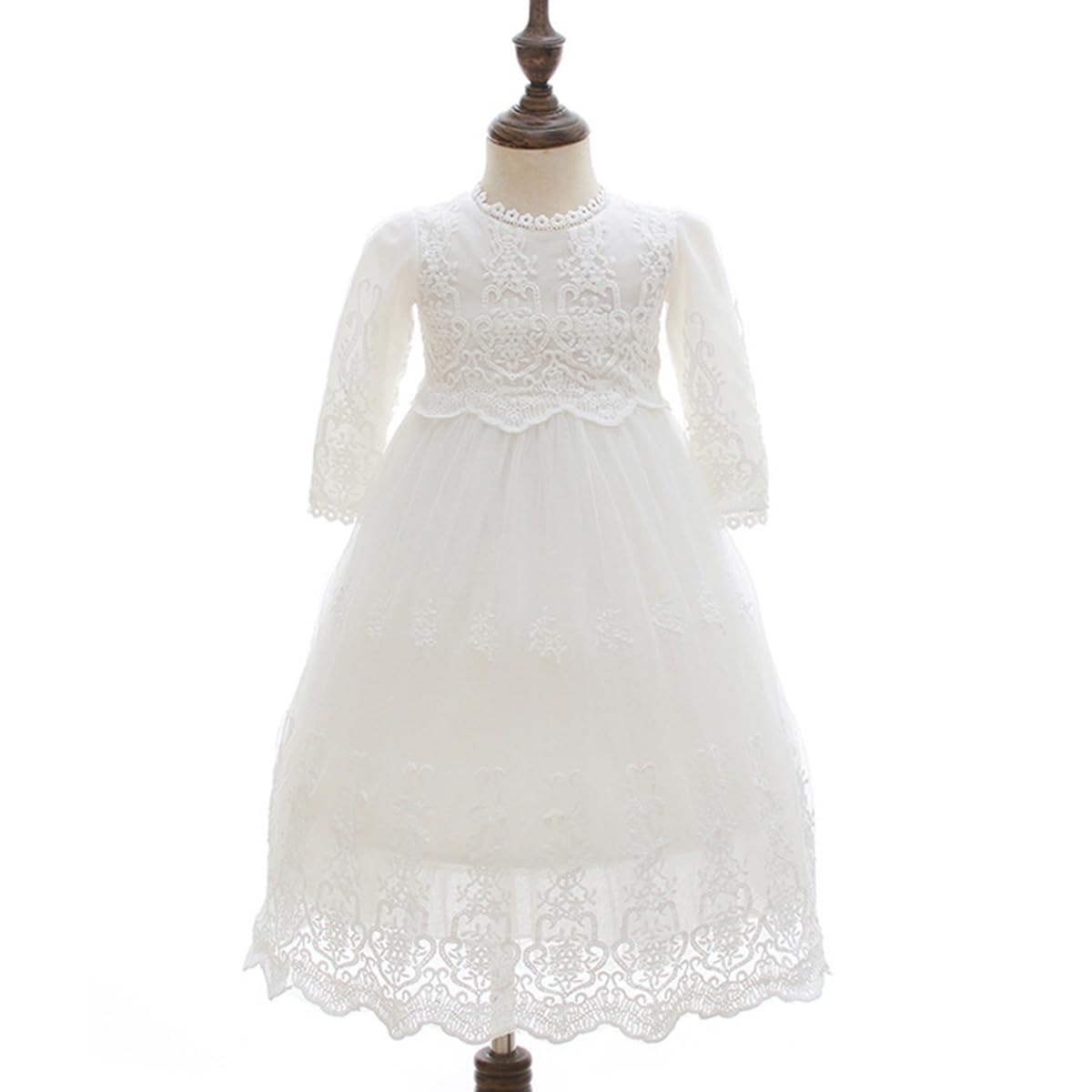 CAMDOM Baby Mädchen Spitze Taufkleid Langarm Prinzessin Taufe Party Kleid mit Hut
