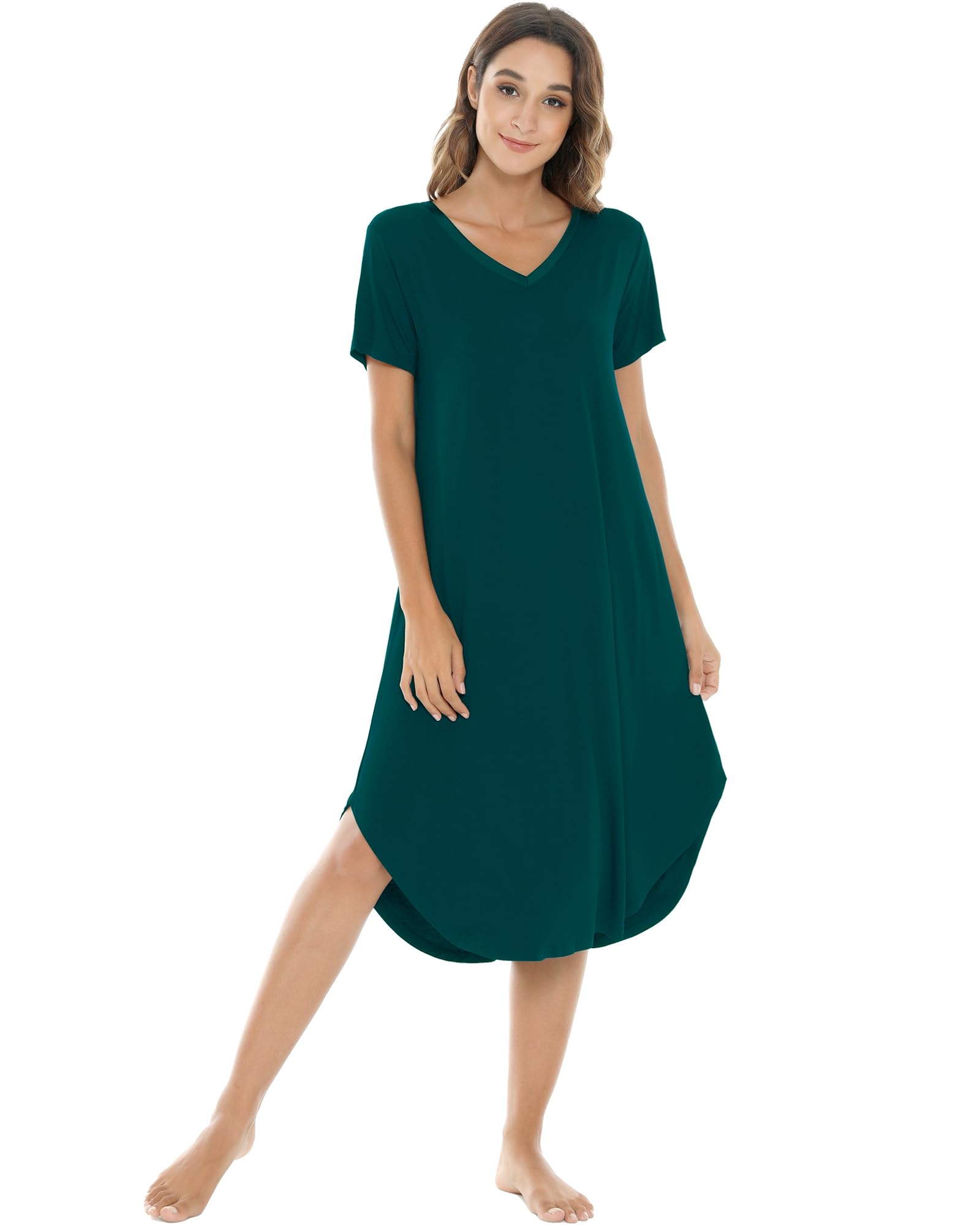 NACHILA Bamboo Viscose Nightgowns for Women Cooling Short Sleeve Sleepshirt | Soft V Neck Night Gowns, Moisture-Wicking Sleepwear for Hot Flashes &amp; Night Sweats, Ladies Nightshirts for Sleep, Home, Gift