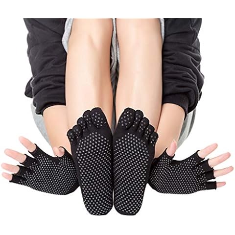 LORYLOLY Yoga Socks & Gloves Set Women 2 Set, Non Slip Anti Skid Grip Socks & Gloves, EU35-40/UK3-6.5, Breathable Cotton with Anti-Slip Silicone Surface for Yoga Pilates Fitness Dancing Barre Cover
