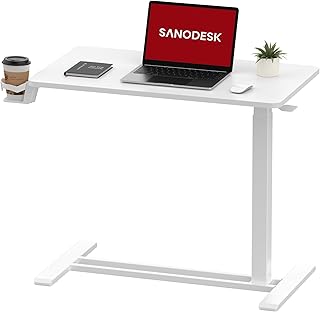 SANODESK Mobile Standing Desk with Hidden Wheels, Pneumatic Laptop Desk, Rolling Computer Cart, Movable, Adjustable Height, Small Sit Stand Desk for Home Office 27.5W x 15.7D, White