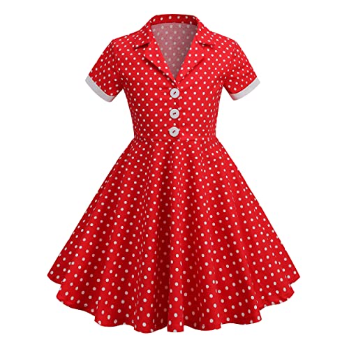 Kids Notch Lapel 50s Dress for Girls Vintage Retro 1950s Polka Dot Dress for Girls 50's Audrey Hepburn Rockabilly Swing Dress