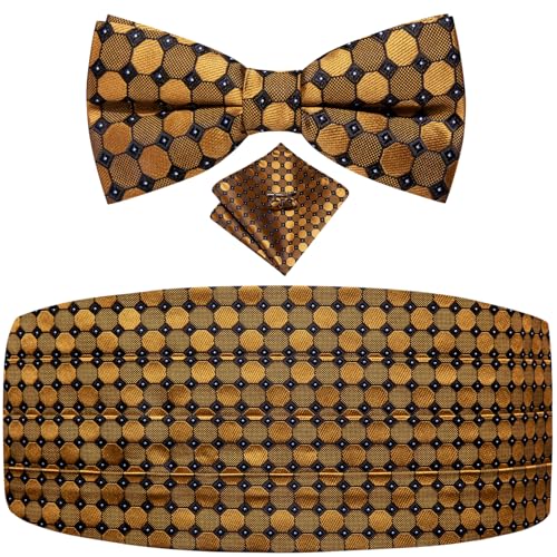 Image of Dubulle Mens Cummerbund and Bow Tie Set Paisley Floral Pretied Bowties for Men Pocket Square Cufflinks Wedding Business
