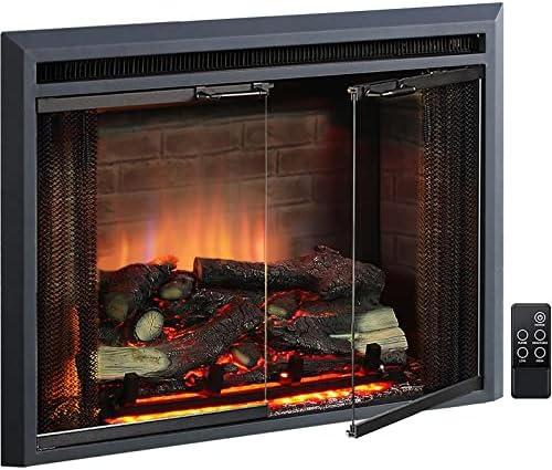 PuraFlame Klaus Electric Fireplace Insert with Fire Crackling Sound, Glass Door and Mesh Screen, 750/1500W, Black, 29 15/16 Inches Wide, 23 3/16 Inches High