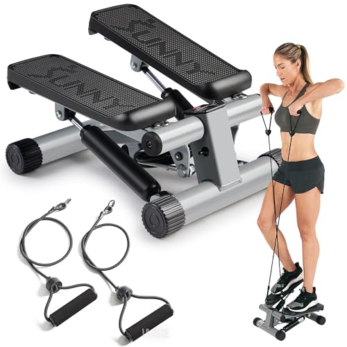 Sunny Health & Fitness Mini Stepper para Exercícios em Casa, Máquina de Treino de Degraus com Faixas de Resistência com Monitor LCD