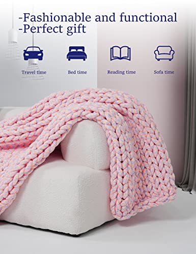 YnM Weighted Blanket, Handmade Chunky Knitted Design, Soft and Cozy, Temperature Regulating and Breathable, Machine Washable Throw for Sleep or Home Decor (Pink Fancy Yarn, 50x60 Inch, 10lbs)