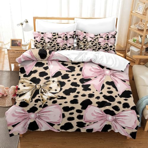 Parure de lit 3D nœuds roses et léopard microfibre 135x200