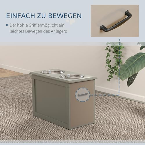 PawHut Erhöhter Hundenapf Futternapf mit Staumraum Wassernapf 2 x 2000ml Edelstahlnäpfen Hundenäpfe Fressnapf Futterstation für Hunde Katzen Grau