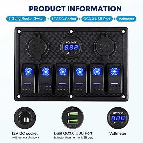 Kohree 6 Gang Marine Boat Rocker Switch Panel, 12V Waterproof Rv Led Switch Panel For Car Truck Marine Boat, Digital Voltmeter Display Qc3.0 Dual Usb Charger Port Dc 12 Volt Socket 12/24V Blue Lighted #TOP1