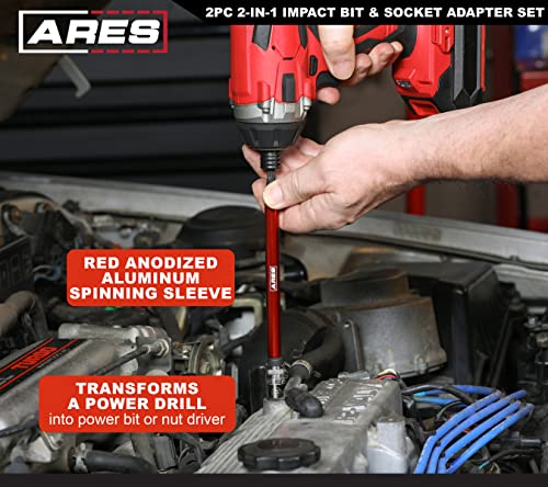 Image of ARES 22027 2-in-1 Impact Bit & Socket Adapter Set - 3-In & 8-In | Holds Standard 1 /4-In Hex Bits & 3 /8-In Drive Sockets; Spinning Sleeve Stabilizes