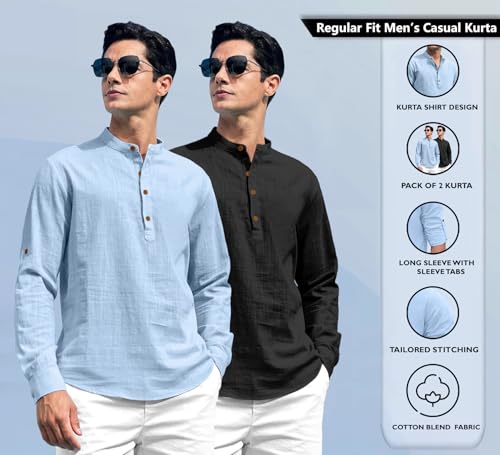Image of Zombom Combo of Men's Solid Cotton Polyester Blend Full Sleeve Straight Kurta Shirt (Pack of 2)