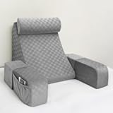 Reading Pillow with Adjustable Arms & Headrest – Multi-Firm Foam Backrest Cushion for Adults with Extra-Large Pockets for Reading&comma; TV&comma; Gaming & Work&comma; Recovery on Bed & Floor&comma; 19"&lpar;Grey&rpar;