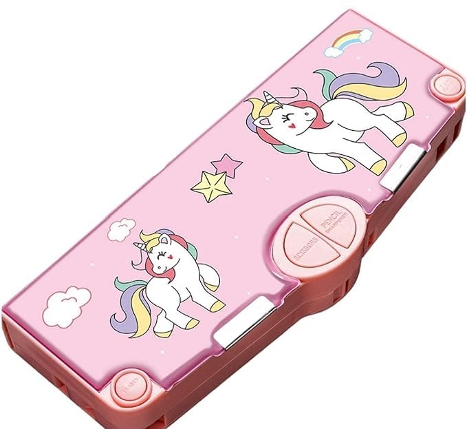 Shivaaro Multifunction Pencil Case Pencil Box with Buttons Cartoon Pattern Pen Boxes for Kid Kawaii Stationary Set for Girls with Compartments, Scissors and Pencil Sharpener (Unicorn)