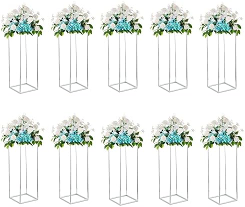 Gold Flower Stand Wedding Centrepieces - 2 Pcs Column Vases with Metal Panel Inweder 60cm Tall Floor Vase for Centerpieces Geometric Flower Display Stand for Table Centrepiece Party Home Decorations