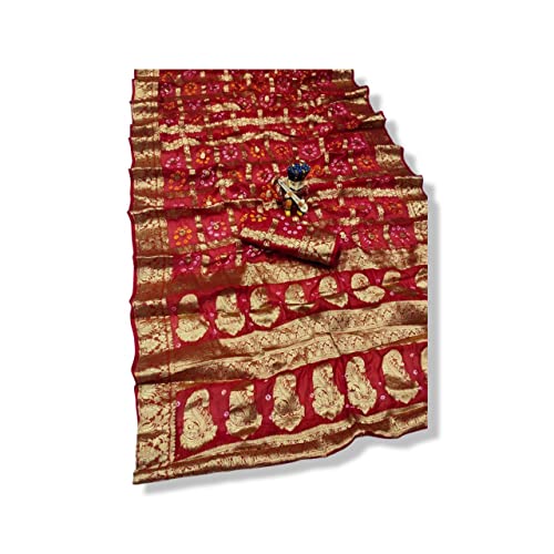 PK HUB Women's Bandhej Banarasi Silk Zari Work Saree with Running Blouse (Saree - 5.5 Meter & Blouse - 0.80 Meter)(Saree Come without Roll Press & Small Holes May Come Due to Hand Die Bandhej)