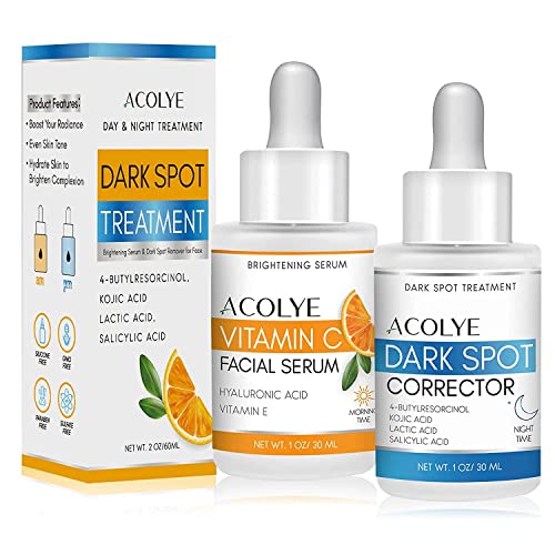 Dark Spot Remover for Face, Dark Spot Corrector for Face, Day & Night Sun Spots, Age Spot and Freckle Remover with Vitamin C & Hyaluronic Acid , 4-Butylresorcinol, Kojic Acid, Lactic Acid and Salicylic Acid-Set of 2