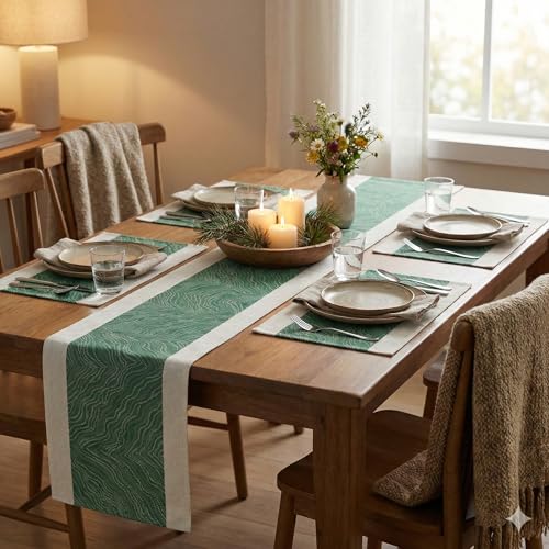 Image of YELONA Placemats and Table Runner Set - Heat Resistant, Non-Slip & Washable PVC Vinyl Dining Table Mats - Jade Green (4 Placemats: 45x30 cm, 1 Runner: 180x30 cm)