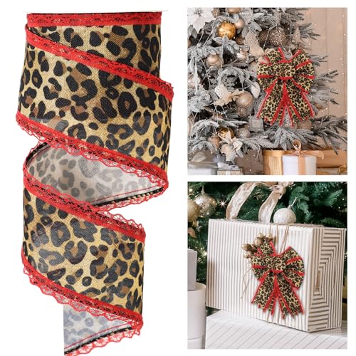 Whaline Leopard Print Wired Edge Ribbon Craft Ribbons Red Lace Brown Black Cheetah Fabric Ribbon for Wreath Bow DIY Wrapping Party Decor 10 Yard