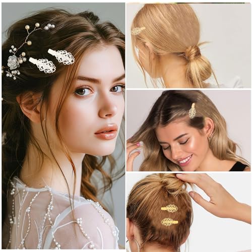 12 Pzs Pinzas Para El Cabello de Hierro en Forma de Flor Ovalada, con Diseño Retro de Flor Hueca y Patrón de Nube, Pinzas de Pato Elegantes en Plata, Oro y Cobre miniatura 3