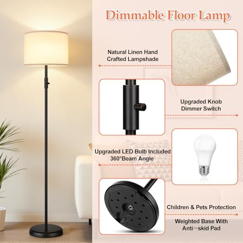 ăUpgradedă Dimmable Floor Lamp for Living Room,1000 Lumens Bulb Included, Modern Floor Lamps Simple Design with Linen Shade, Tall Standing Lamp for Bedroom Office Dining Room, Black Pole Lamp - 3