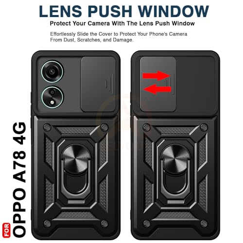 Image of Armor Bumper Back Cover Case for Oppo A78 4G Rotating Camera Cover, Ring Holder & Kickstand | Heavy Duty & 360 Degree Protection Oppo A78 4G Back Cover (Black)