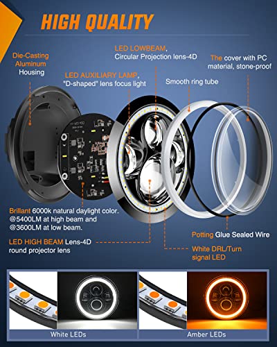 Image of Nilight 2PCS 7 Inch LED Halo Headlights w /Turn Signal Amber White DRL High Low Beam Round Headlamp for 2007-2018 Wrangler JK JKU 1997-2006 TJ Rubicon Sahara Motorbikes