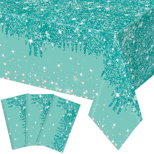 Image of Ganeen 3 Pcs Teal and Silver Tablecloths Glitter Sparkling Disposable Plastic Table Cover Sequin Printed Rectangle Tablecloths for Women Birthday Wedding Party Decor Supplies, 54 x 108 Inch