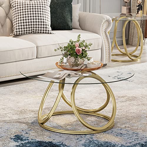 O&K Furniture Gold Coffee Table, Modern Round Glass Coffee Table For Living Room With Ring-Shaped Frames, Gold Glass Table For Home&Office,Gold Finish, 1Pc #TOP2