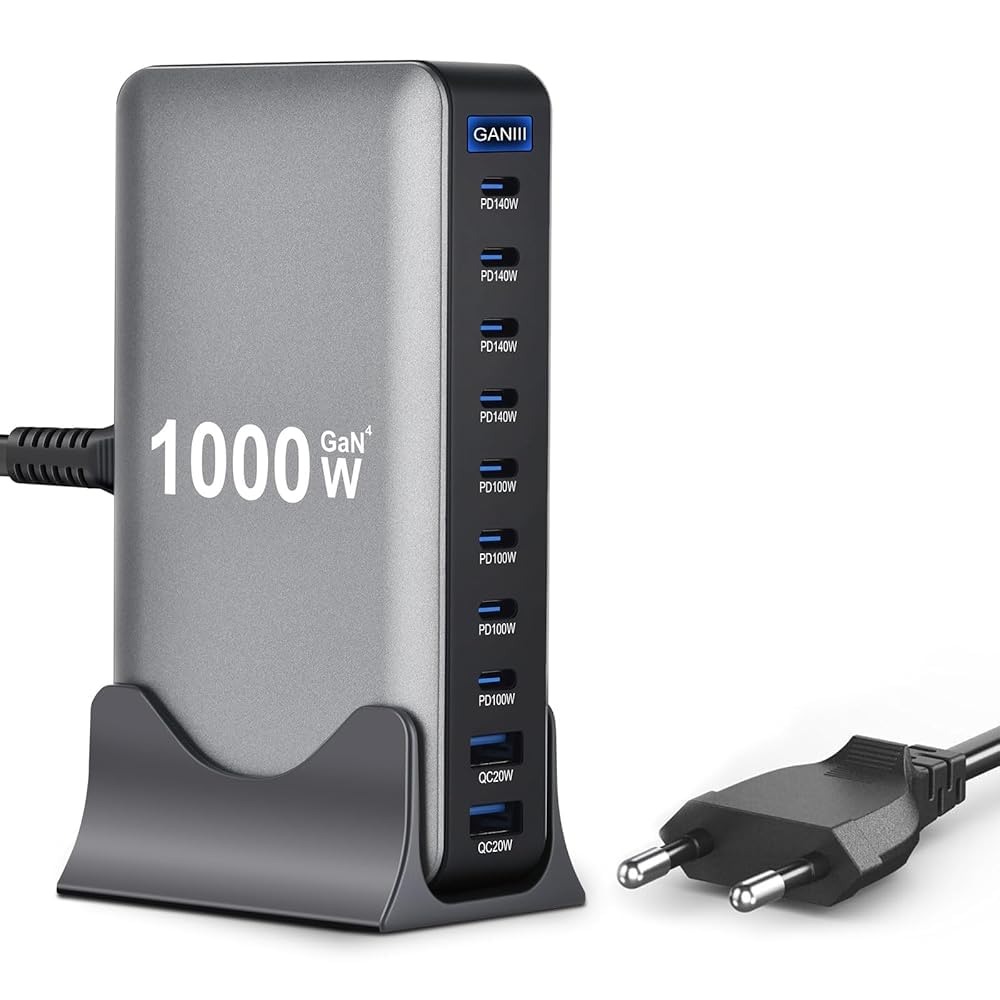 Caricatore USB C da 10 in 1 e 1000 W, multiplo GaN 4 Max PD140 W/100 W QC20 W, ricarica rapida (8C+2A) compatibile con MacBook Pro/Air, Pad, iPh0ne, HP, Galaxy S25 ecc