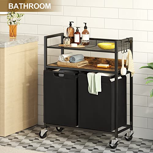 Greenstell Laundry Hamper Cart, Laundry Basket With Shelf, 94L, Large Pull-Out Laundry Sorter With Slide Rails, 2 Removable Laundry Bags, Metal Frame #TOP5