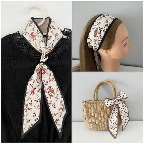5PCS Floral Scarf for Bags Handbag Handle Ribbon Satin Neck Scarf Neckerchief Headbands Hair Scarf for Women Girls3