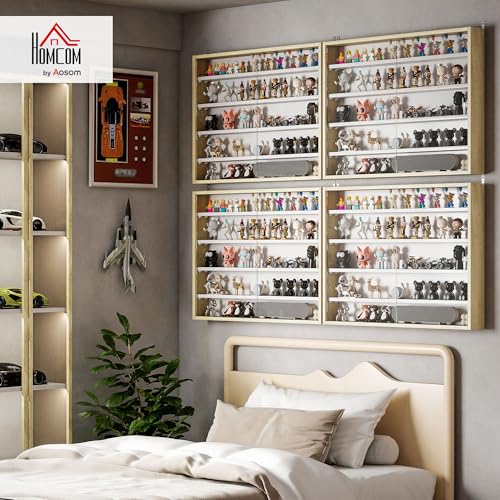 Image of HOMCOM 5-Tier Display Cabinet, Glass Door Cabinet with Adjustable Shelves, Wall-Mounted Display Case for Playroom, Bedroom, Oak and White