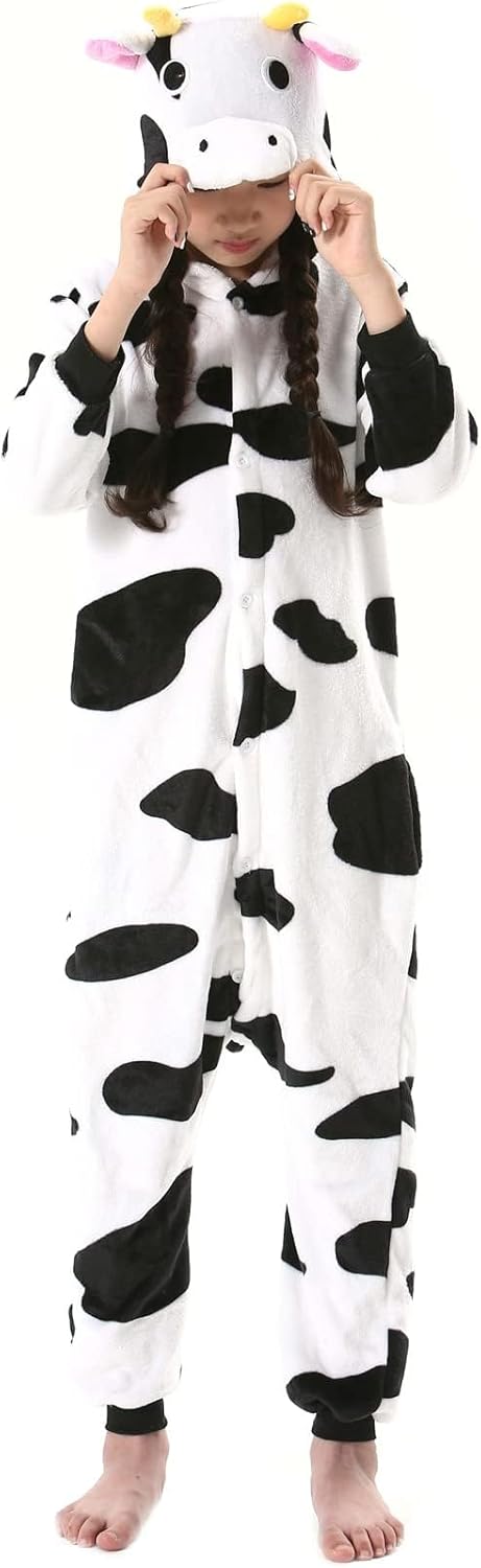 SimZoo Kids Animal Pajamas, Boy Girls Cow Cosplay Costume Sleepwear, One-Piece Unisex Homewear 3-11Y