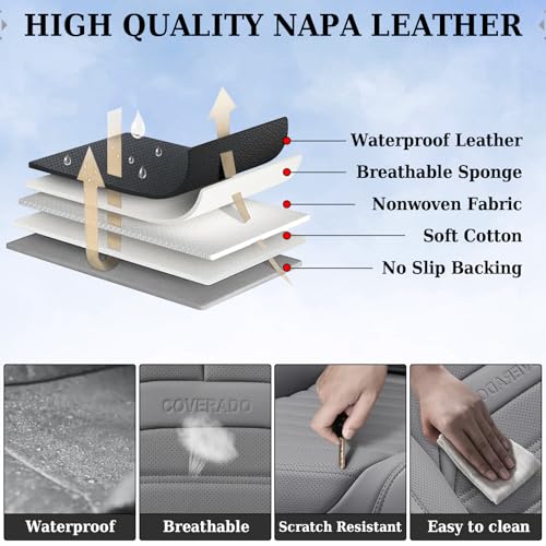 Image of Coverado Seat Covers, Car Seat Covers Front Seats, Automotive Seat Covers, Waterproof Nappa Leather Car Seat Cover, Car Seat Cushion, Gray Seat Covers Carseat Cover Universal Fit for Most Cars