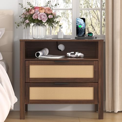HOMMPA Rattan Night Stand with Charger Station, 26'' Wide Boho Nightstand with 2 Drawer, Modern Bedside Table with USB Port & AC Outlet, Bed Side End Table Dresser with Open Shelf for Bedroom, Walnut - image 8